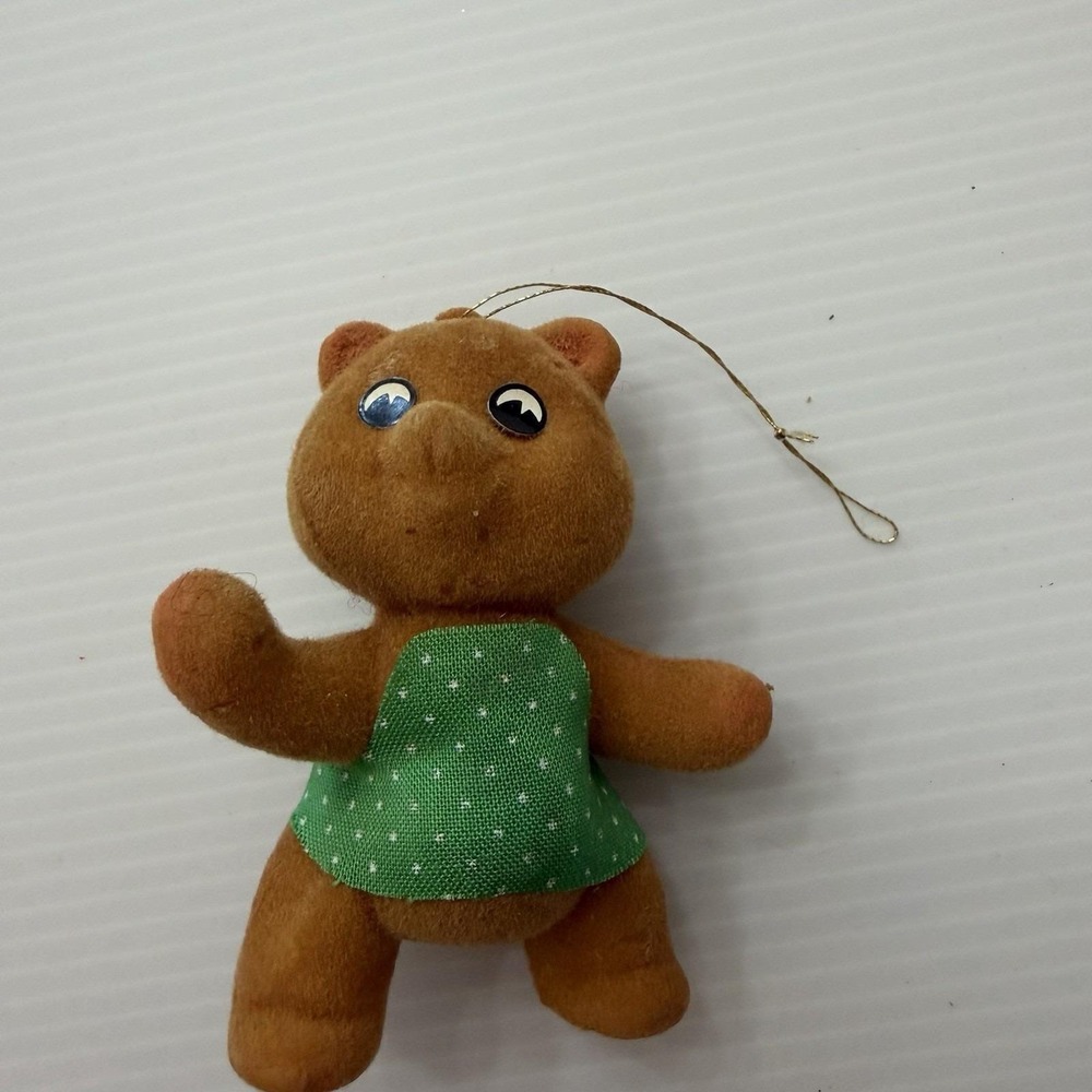 Vintage Flocked Bear Christmas Ornament Green Shirt 70s 80s